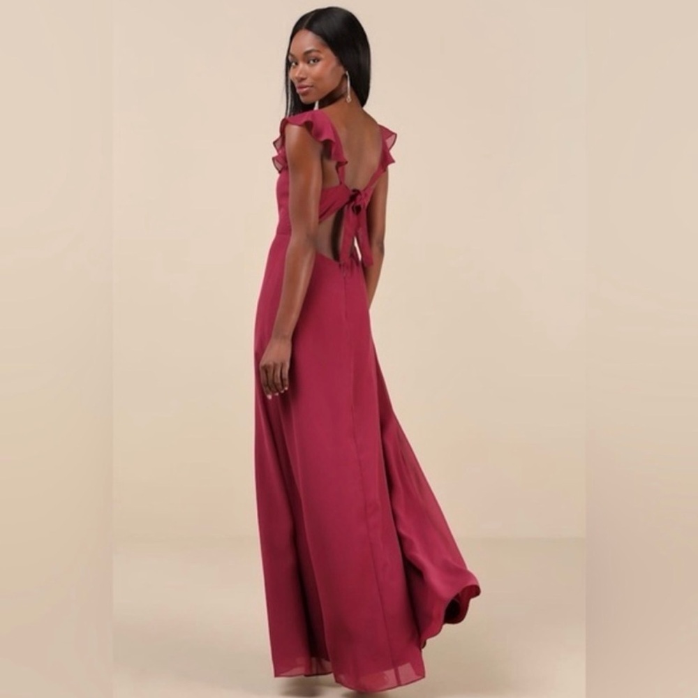 Ruffle-Sleeve Open-Back Maxi Dress in Berry